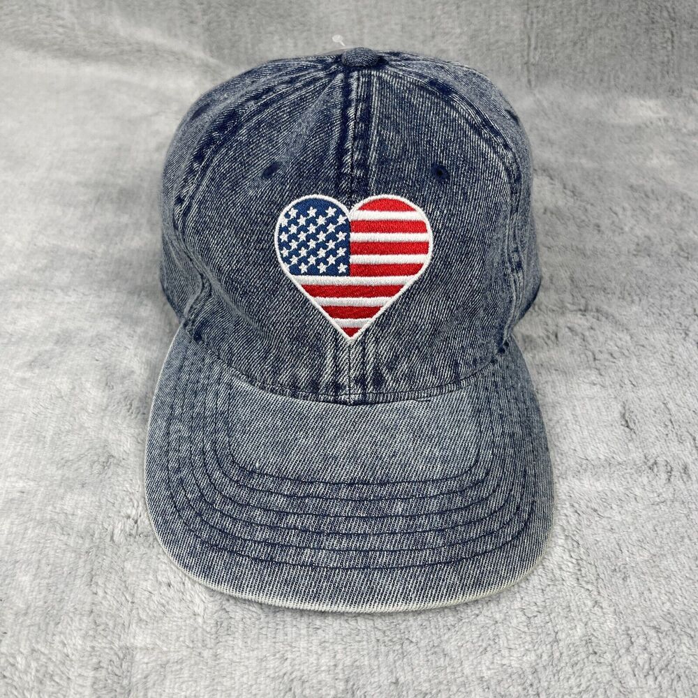 Denim Hat American Flag Heart Patch Cap Trucker Adjustable Strap Mighty Fine